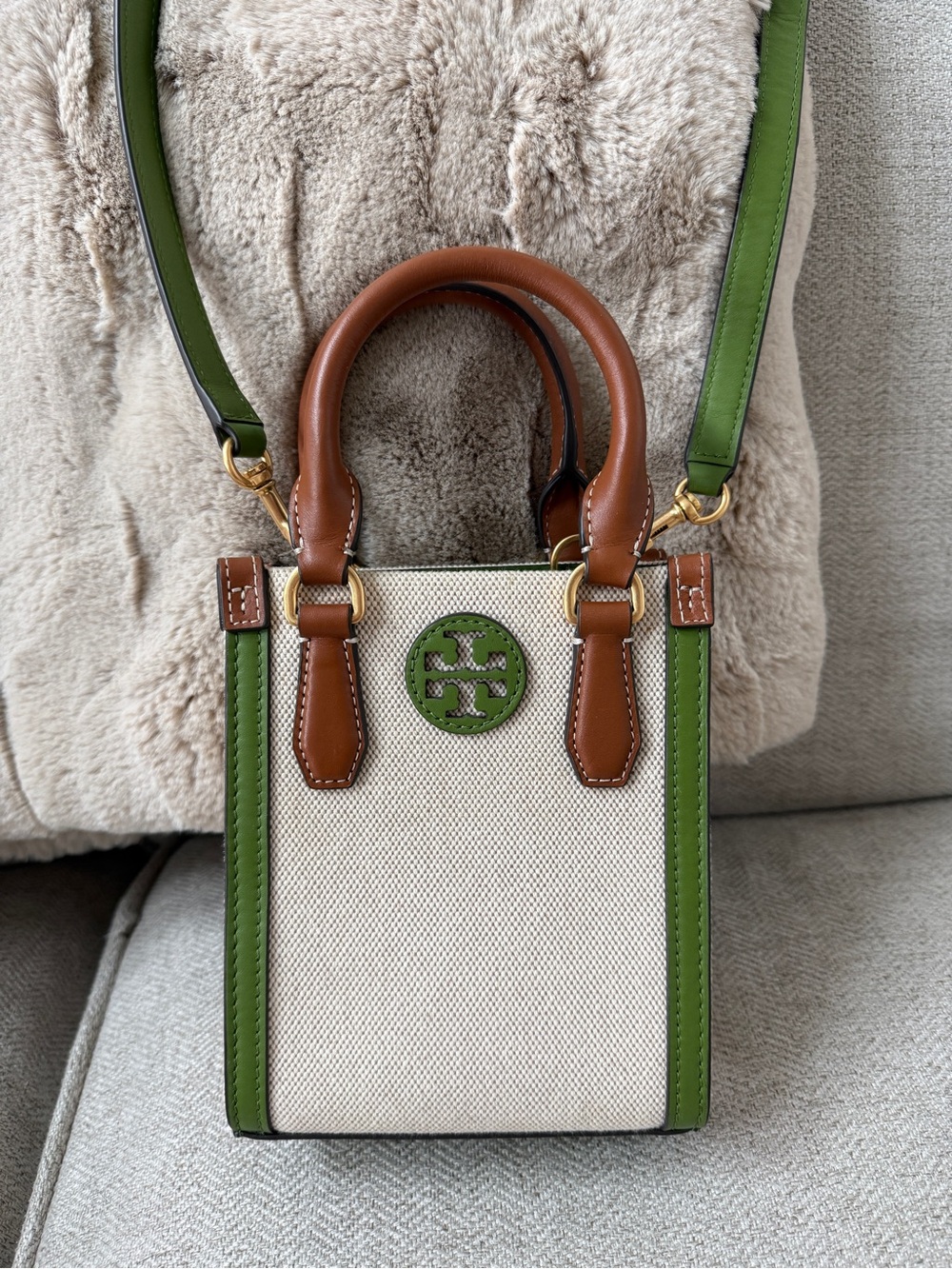 Tory Burch Green, Brown & Cream Canvas Blake Mini Crossbody